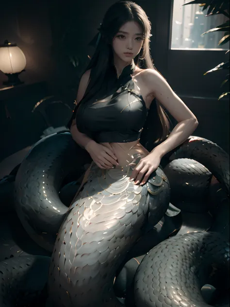 ((Best picture quality, 8K, tmasterpiece:1.3)), 1 Queen Medusa, Beautiful woman with slender abs:1.3, (Casual hairstyle, No leakage of big breasts:1.2), snake scales:1.1, （mermaids：1.2），（Elongated snake tail：1.3），Ultra-realistic golden scales，Ultra-fine fa...