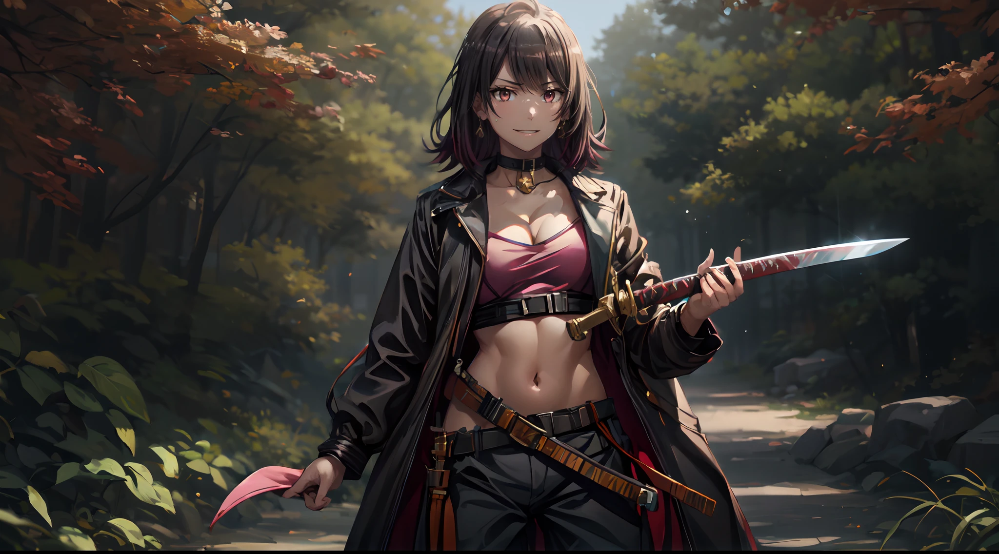 short hair, black hair, yukinoshita haruno, multicolored hair, sword, 1girl, weapon, , breasts, navel, belt, katana, jacket, black_pants, pants, midriff, solo, sheath, standing, looking_at_viewer, outdoors, holding, cleavage, choker, black_jacket, open_clothes, twin_braids, long_sleeves, "Photorealistic, Hyperrealistic, Hyperdetailed, analog style, soft lighting, subsurface scattering, realistic, heavy shadow, masterpiece, best quality, ultra realistic, 8k, golden ratio, Intricate, High Detail, film photography, soft focus"