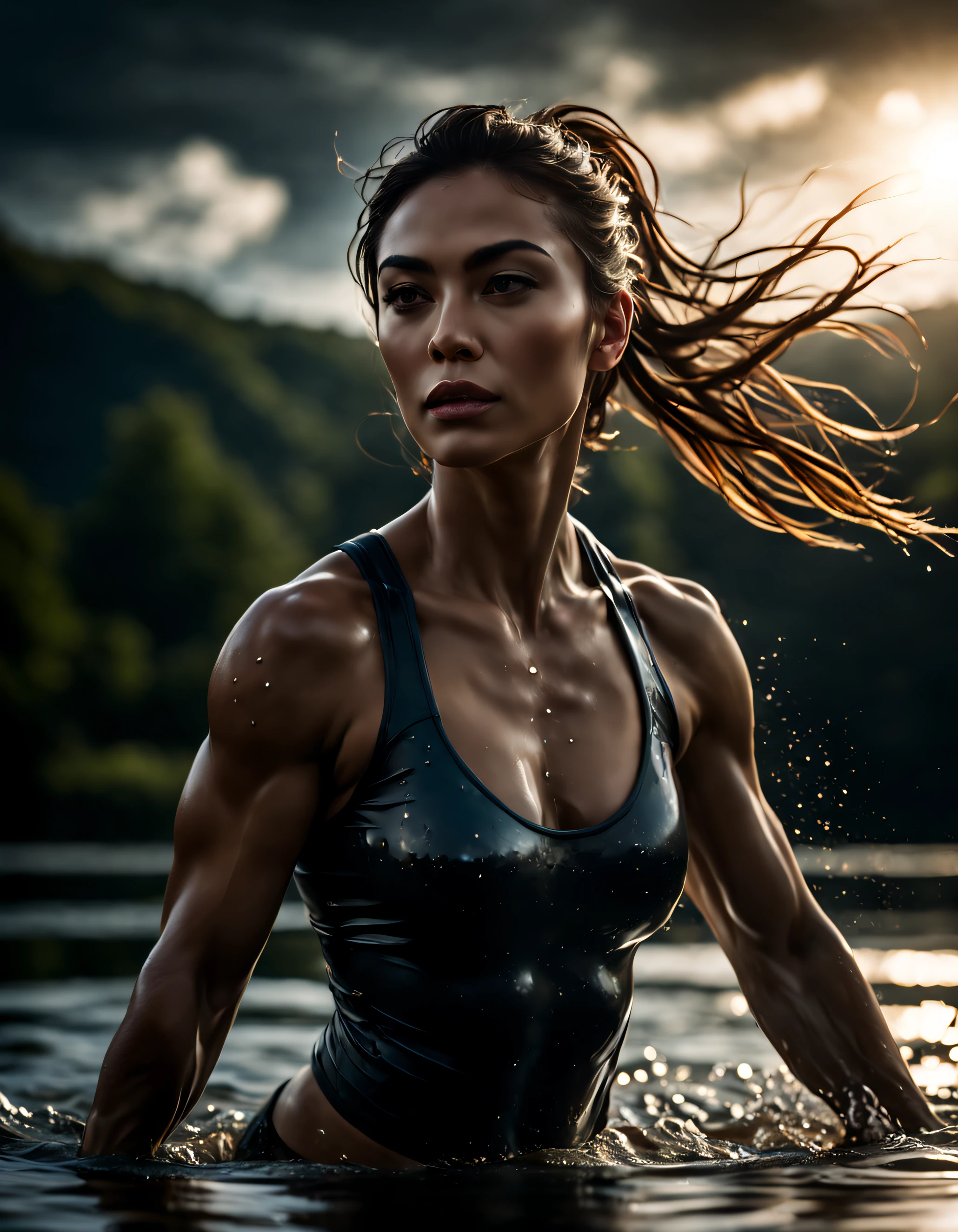 muskulöse Frau in einem See,stark und kraftvoll,plätscherndes Wasser,Muskeln,Weibliche Stärke,Körper glitzert mit Wassertropfen,athletischer Körperbau,selbstbewusster Ausdruck,starke Bestimmung,Sonnenlicht scheint auf das Wasser,fesselnde Reflexion,dynamische pose,ruhige Umgebung,natürliche Schönheit,skulpturale Form,hyperrealistische Details,feine Pinselführung,hochauflösendes Bild,lebendige Farben,Kontrast zwischen Stärke und Weiblichkeit,dramatische Beleuchtung,subtile Schatten,monumentale Präsenz,Verschwimmen zwischen Mensch und Natur,ätherische Atmosphäre.