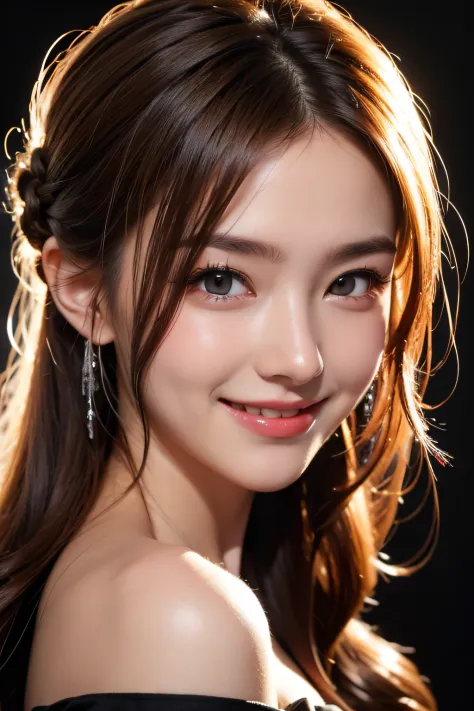 Anime, Face, Braided curly blonde hair, Black eyes, Long hair, Black and silver off-the-shoulder、Black background, facial close-up、​masterpiece、top-quality、ultra-definition、hight resolution、With smiling eyes、facial close-up,