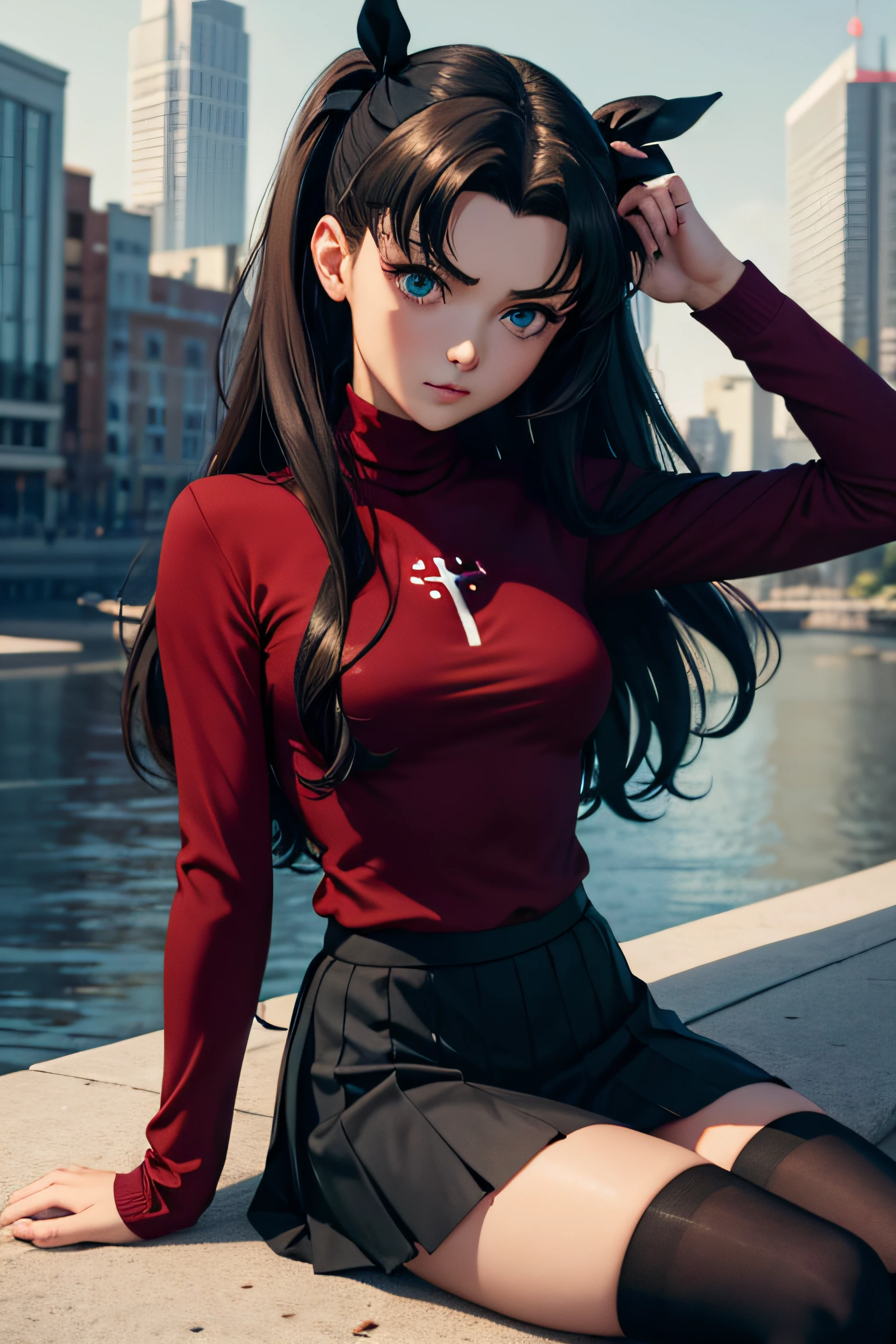 (Meisterwerk), beste Qualität, ausdrucksstarke Augen, perfektes Gesicht, 1 Mädchen, Allein, Rintohsaka, Rin Tohsaka, Aqua Augen, Schwarzes Haar, hair Schleife, lange Haare, Schleife, Seitenlocken, zwei Seiten nach oben, black Rock, black Strümpfe, lange Ärmel, miniRock, pleated Rock, ((red Pullover)), Rock, Pullover, Strümpfe, Rollkragen, Stadthintergrund, Sitzung, Charakterbogen, Oberkörper, Porträt, Betrachter betrachten