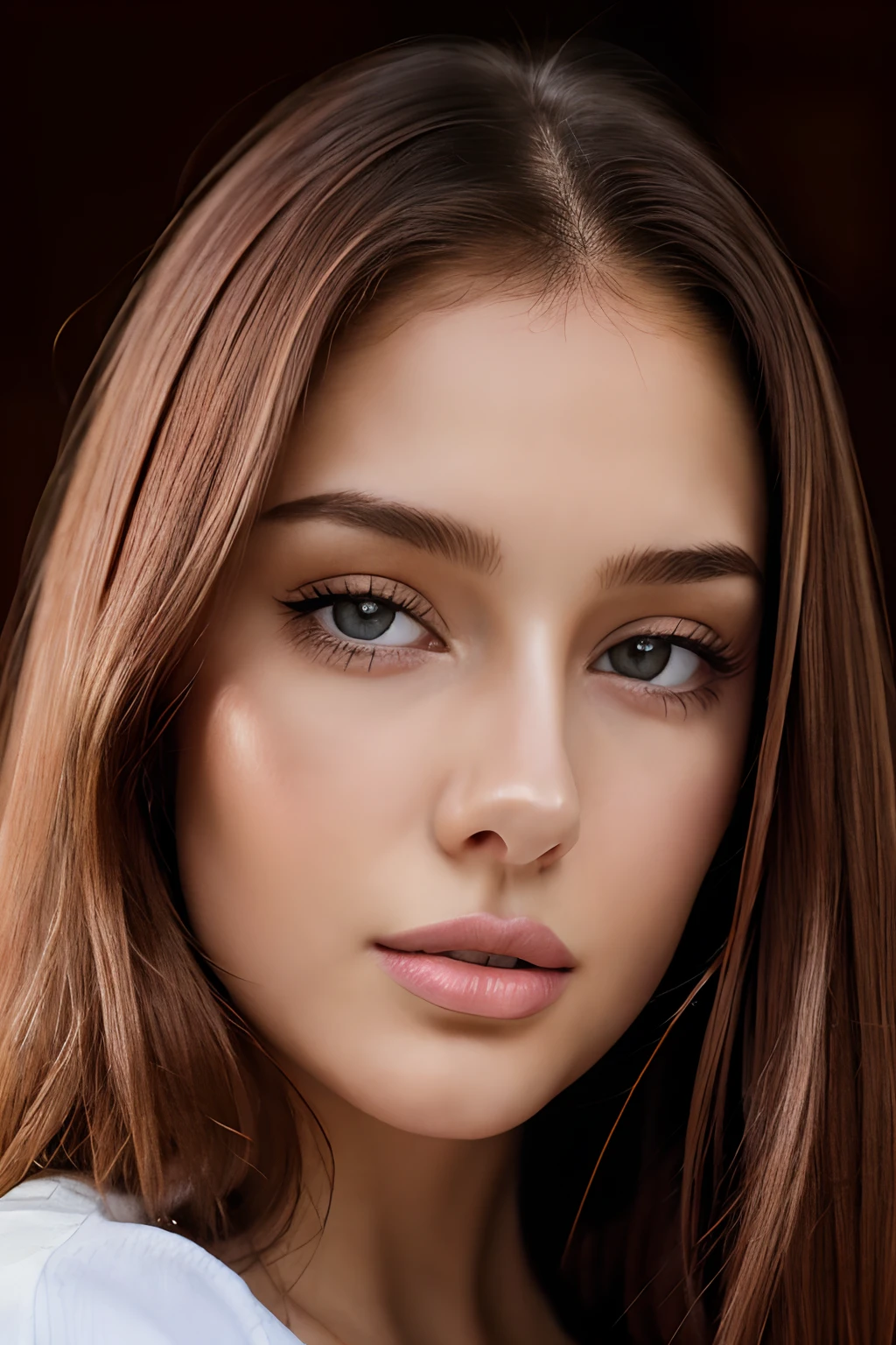 Close-up of a woman with long brown hair and a white shirt, cheveux bruns et grands yeux, Anna Nikonova alias Newmilky, Violet Myers, Anastasia Ovchinnikova, Persian girl with pale skin, fille aux cheveux bruns, Belle femme iranienne, Pokimane, cheveux bruns, extremely beautiful face, Angelina Stroganova, Portrait Sophie Mudd