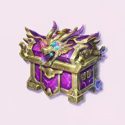 Purple case with metal frame，There is a faucet on it，loot box, Treasure chests, Legendary Dragon, purple ancient antler deity, treasure artifact, ability image, purple glowing core in armor,Treasure Trove