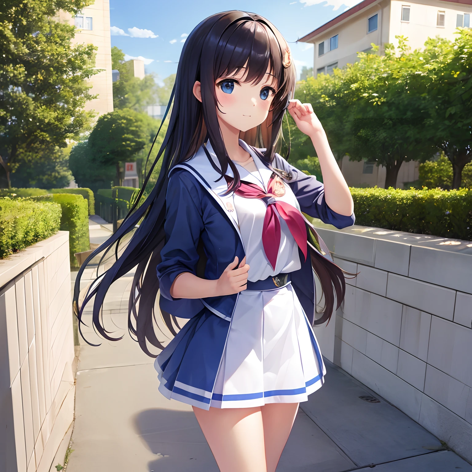 Anime girl in a short skirt and a blue shirt posing for a picture - SeaArt  AI