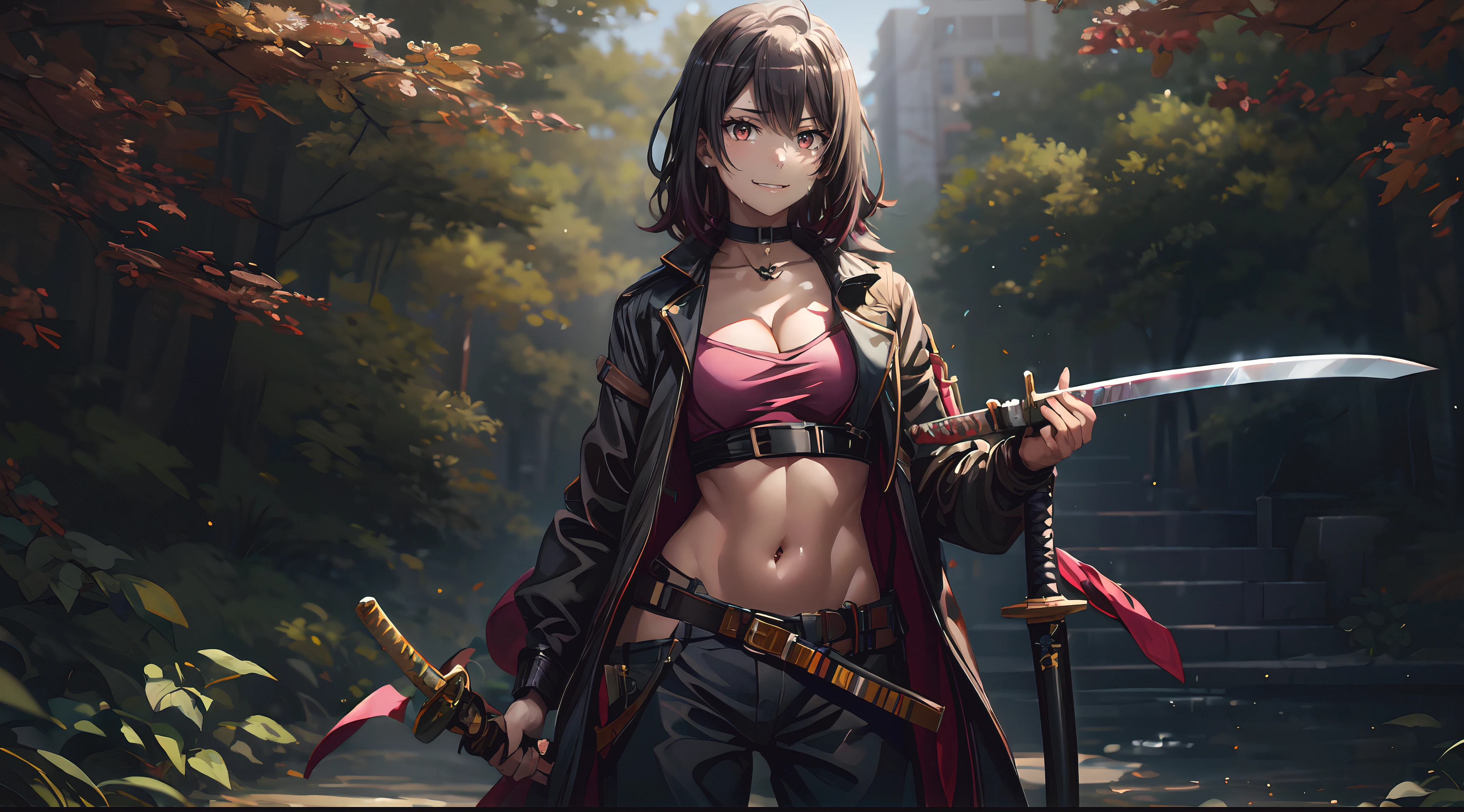 short hair, black hair, yukinoshita haruno, multicolored hair, sword, 1girl, weapon, , breasts, navel, belt, katana, jacket, black_pants, pants, midriff, solo, sheath, standing, looking_at_viewer, outdoors, holding, cleavage, choker, black_jacket, open_clothes, twin_braids, long_sleeves, "Photorealistic, Hyperrealistic, Hyperdetailed, analog style, soft lighting, subsurface scattering, realistic, heavy shadow, masterpiece, best quality, ultra realistic, 8k, golden ratio, Intricate, High Detail, film photography, soft focus"