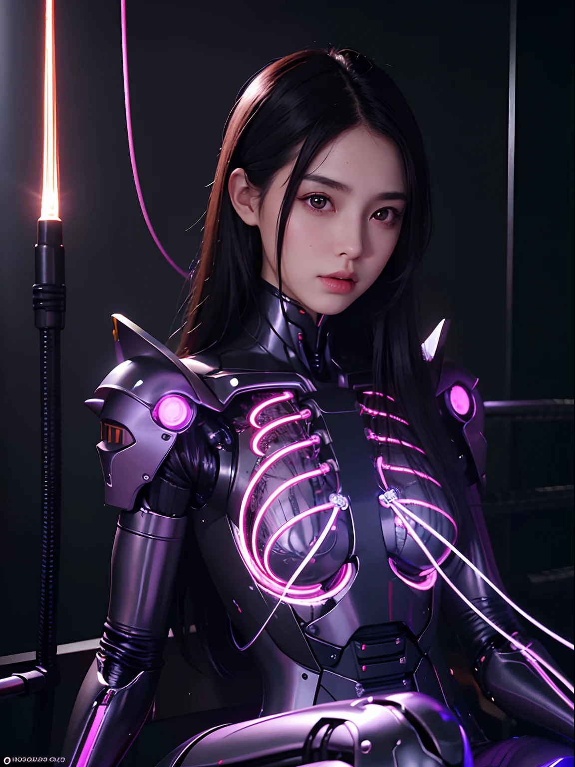 Premium quality, masterpiece, ultra high resolution, (photorealistic: 1.4), raw photo, 1 girl, black hair, shiny skin, 1 mechanical girl, (ultra realistic detail)), portrait, global illumination, shadows, octane rendering , 8K, ultra sharp, large, rawhide exposed neckline, metal, intricate embellishment details, korean details, very intricate details, realistic light, CGSoation trend, purple eyes, glowing eyes, facing the camera, neon details, limbs mechanical, blood vessels connected to the tube, mechanical vertebrae attached to the back, mechanical cervical fixation to the neck, sitting, wires and cables connecting to the head, gundam, small LED lamps,