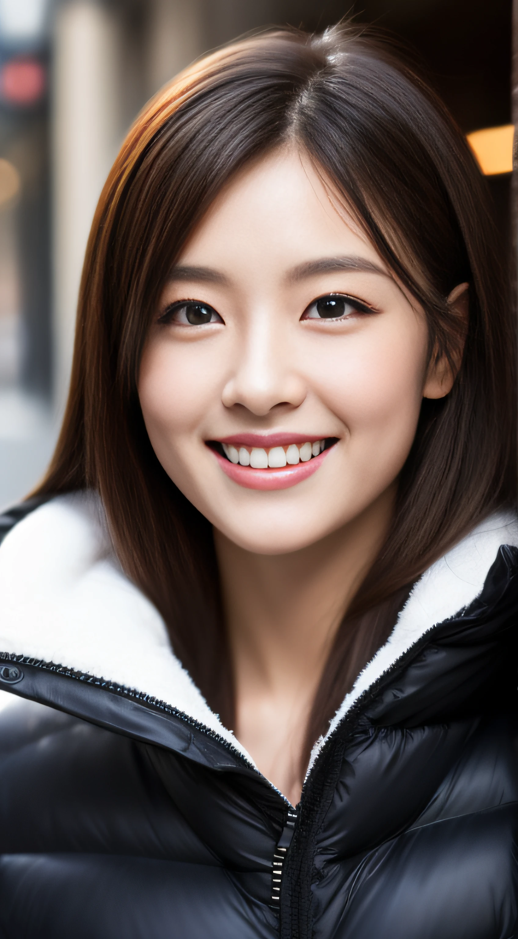 The face is a hostess、Down jacket、hiquality、A hyper-realistic、healthy、Smiling expression、Slender perfect figure、Japan beauties、beautidful eyes、face perfect、Beautiful skin、The upper part of the body、Christmas tree、street