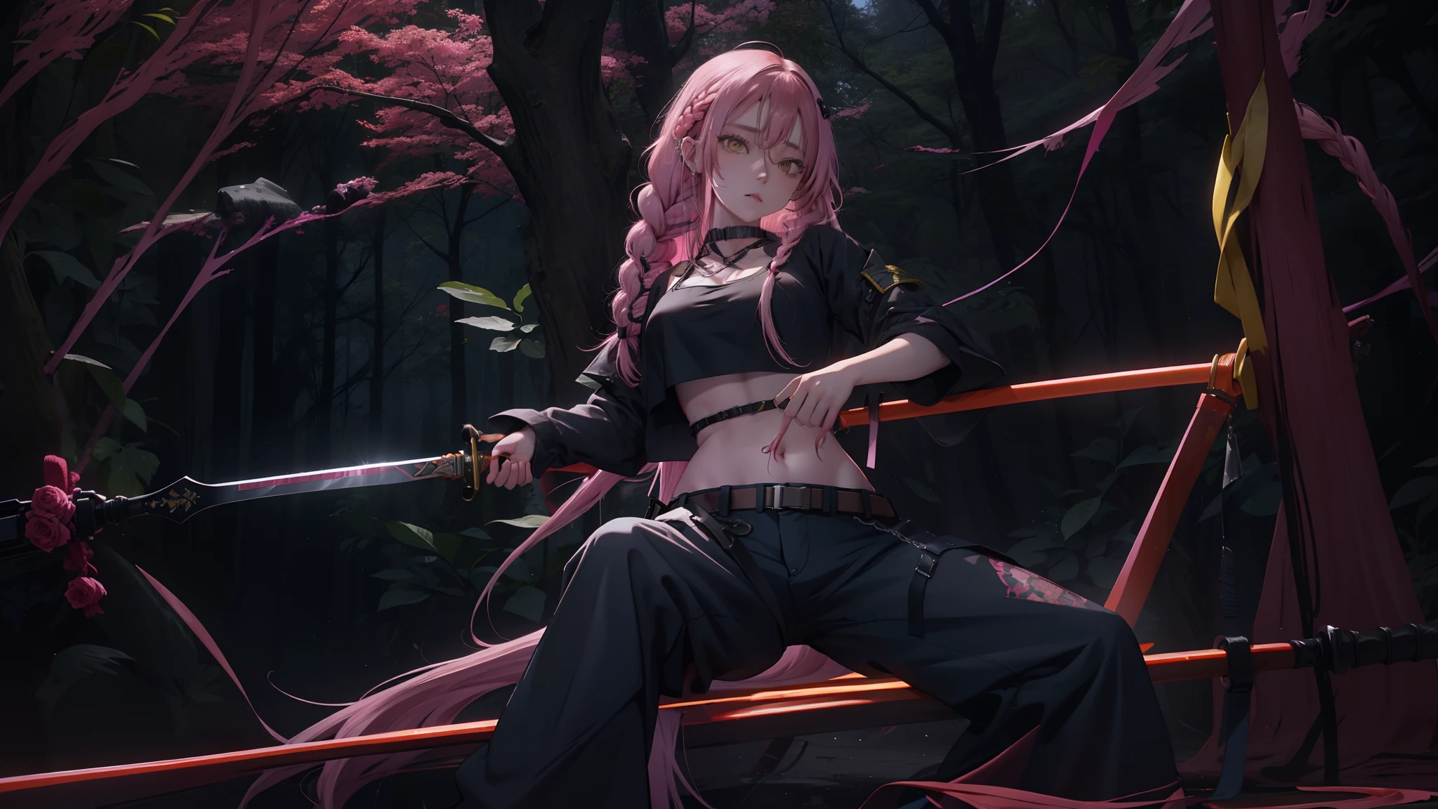 Nnja, pink long hair with  braids, yellow eyes, bangs, right hip star tattoo, rose tattoos, hair ribbon, belt, g-string, cleavage, crop top, fishnet shirt, full body, dark forest, Edo era Japan, sword on back, weapon, sword, half braided hair, tech wear, (insanely detailed, beautiful detailed face, masterpiece, best quality), 1girl, solo, baggy pants, navel, nose piercing, holding smartphone