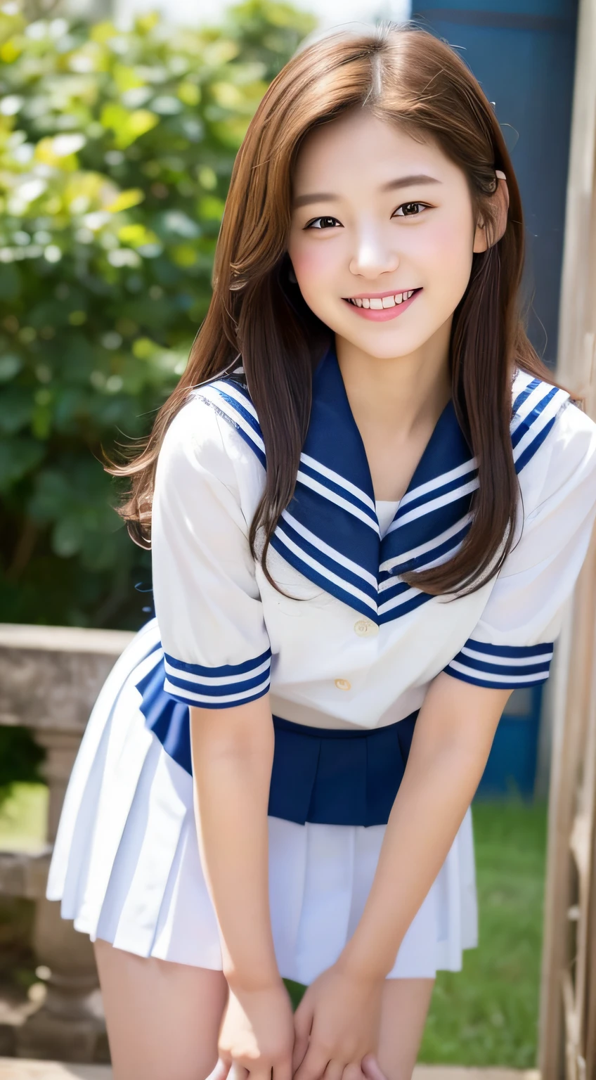 A close up of a young woman in a sailor outfit posing for a picture ...