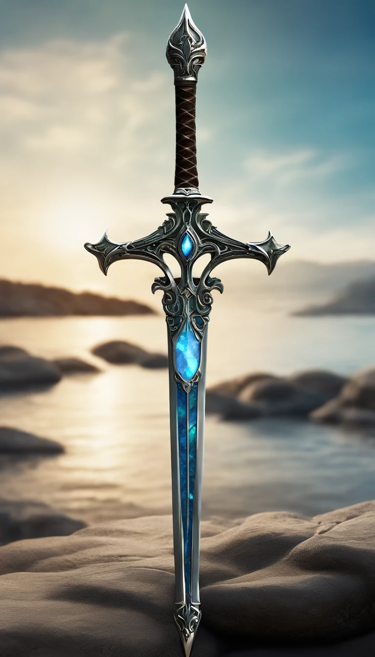Excalibur, Delicate sleeves, The sword body is exquisite，well decorated,（((The blade of the sword is designed with a pattern in the form of blue opal and light green particle effects..：1.3))), Se, (The sword body is symmetrically decorated:1.3), (The entire Excalibur blade is centered:1.3), Mid-range close-up,（General silhouette:1.3),（Fantastic landscape painting:1.2), Ultra Realistic Photo, super-fine, 8K, Premium wallpapers, Highest image quality, ..。.。...。.3D,C4D, tmasterpiece, rendering by octane, A spear made of rune craft and Yggdrasil bark, Odin's Spear, Holding a spear,