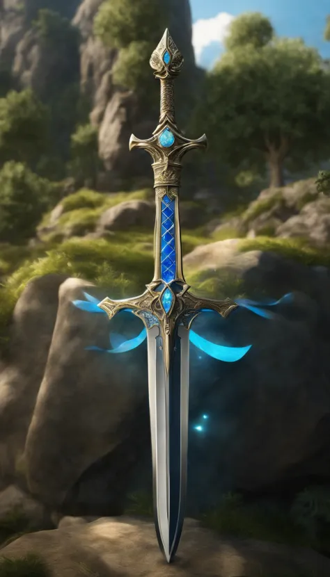 Excalibur, Delicate sleeves, The sword body is exquisite，well decorated,（((The blade of the sword is designed with a pattern in the form of blue opal and light green particle effects..：1.3))), Se, (The sword body is symmetrically decorated:1.3), (The entir...