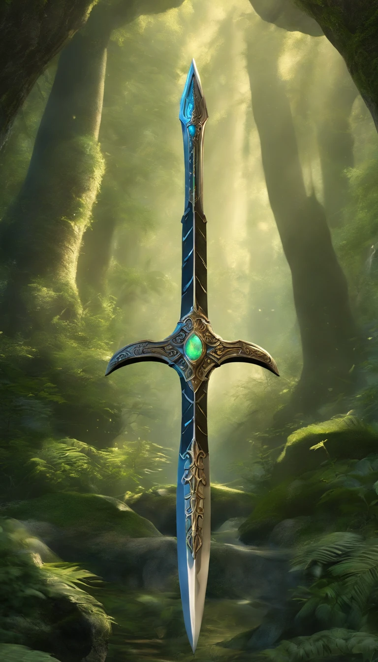 Excalibur, Delicate sleeves, The sword body is exquisite，well decorated,（((The blade of the sword is designed with a pattern in the form of blue opal and light green particle effects..：1.3))), Se, (The sword body is symmetrically decorated:1.3), (The entire Excalibur blade is centered:1.3), Mid-range close-up,（General silhouette:1.3),（Fantastic landscape painting:1.2), Ultra Realistic Photo, super-fine, 8K, Premium wallpapers, Highest image quality, ..。.。...。.3D,C4D, tmasterpiece, rendering by octane, A spear made of rune craft and Yggdrasil bark, Odin's Spear, Holding a spear,