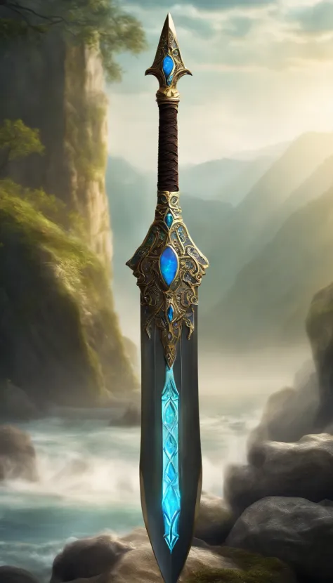 Excalibur, Delicate sleeves, The sword body is exquisite，well decorated,（((The blade is designed with a pattern in the form of blue opal and light green particle effects..：1.3))), Se, (The sword body is symmetrically decorated:1.3), (The entire Excalibur b...