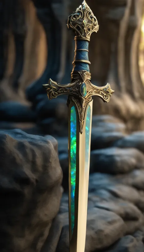 Excalibur, Delicate sleeves, The sword body is exquisite，well decorated,（((The blade is designed with a pattern in the form of blue opal and light green particle effects..：1.3))), Se, (The sword body is symmetrically decorated:1.3), (The entire Excalibur b...