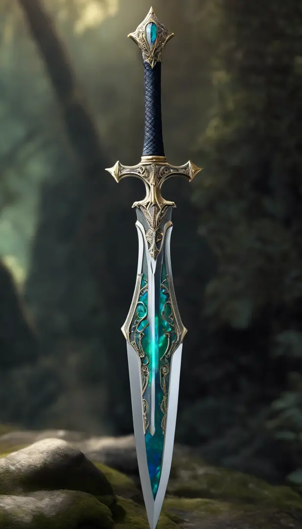 Excalibur, Delicate sleeves, The sword body is exquisite，well decorated,（((The blade is designed with a pattern in the form of blue opal and light green grain effect..：1.3))), Se, (The sword body is symmetrically decorated:1.3), (The entire Excalibur blade...