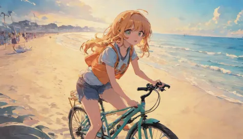 An anime style picture of the girl in the short skirt riding the bike,  1girl, bicycle, solo, ground vehicle, skirt, outdoors on Craiyon