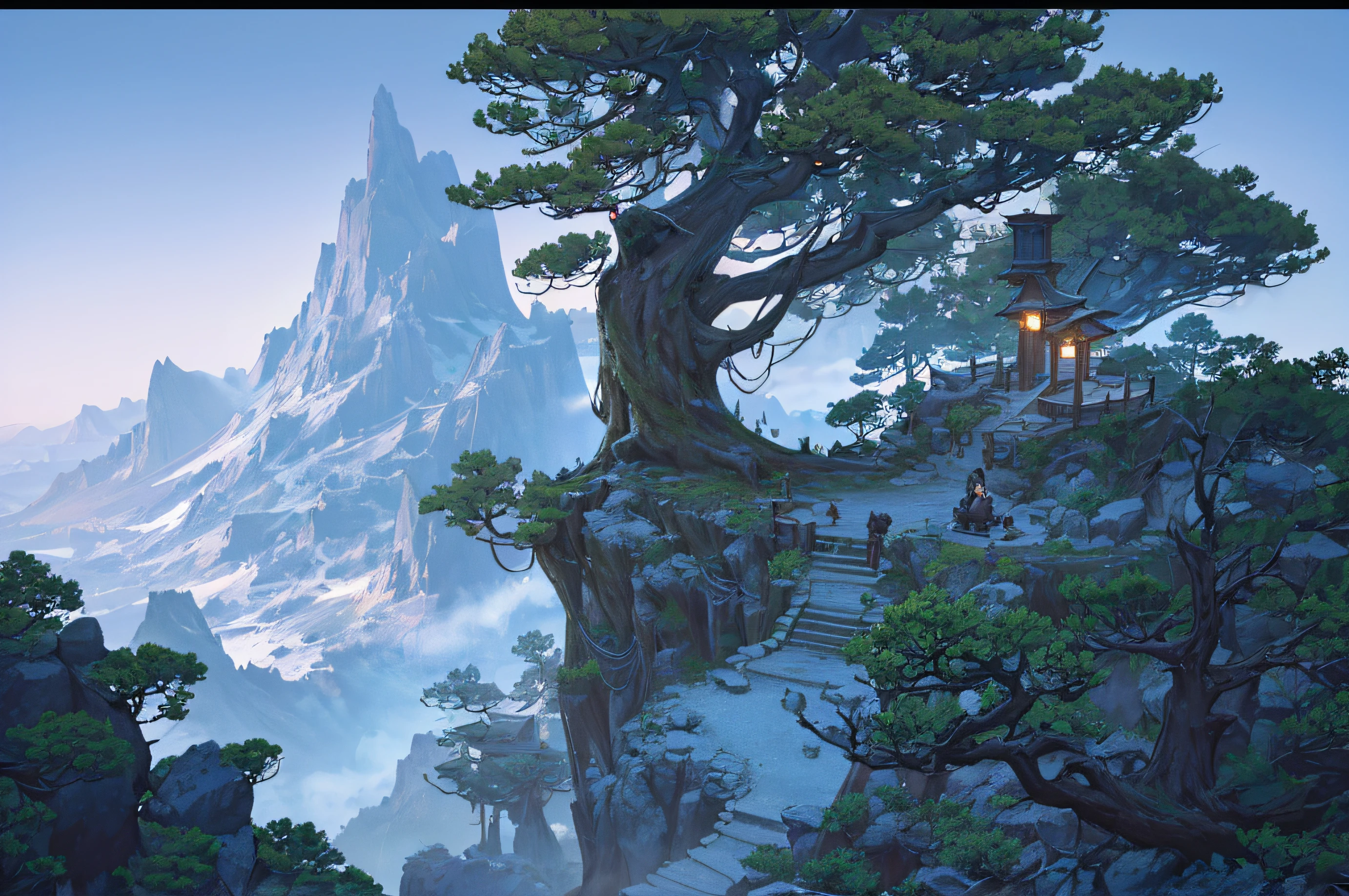 Oriental fantasy atmosphere, (((Dark Night Hours))), (((View from a height of about 5 meters))), (((Bent-Pine))), (((Short, curved old pines as tall as a man))), (((The end of the tree is visible on the screen))), (((Scenery in a narrow forest))), Flat feeling without vanishing point perspective,  photorealistic lighting, (((At night when the moonlight is faint))),  high-definition details, ​masterpiece, Best quality at best, (Highly detailed CG integrated 8k wallpaper), (Top  Quality),  Forest scenery,  The bottom half of the screen is flat ground, Land with a moderate mix of soil and grass, The direction of the road is from the left side of the screen to the right side of the screen., (((At the top half of the screen are very small trees and rocks.))),  Small rocks, Distant view behind the trees, mountains, The dark hour after sunset, The size of the tree is small and it has a lot of curves,