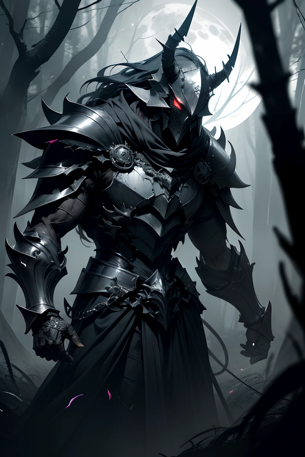 (best quality,highres,ultra-detailed),(dark,ominous,creepy) Nightmare Knight, gleaming menacingly in the moonlit darkness, stalks through a sinister, mist-filled forest. His ebony armor emits an eerie glow, reflecting the pale light of the full moon. With a polished helmet adorned with menacingly sharp horns, he commands fear and awe. His piercing, red eyes seem to penetrate the soul of anyone who dares meet his gaze. The Knight's cloak billows behind him, swaying with an otherworldly presence. 

The forest is shrouded in an eerie darkness, with twisted trees reaching out their skeletal branches, as if reaching for unsuspecting prey. The ground is covered in thick, ominous mist that obscures the path, creating an unsettling atmosphere. Shadows dance and flicker, creating an illusion of movement, as if the forest itself is alive.

The Nightmare Knight clutches a wickedly sharp, blood-stained sword in his armored hand, ready to strike down any unfortunate soul that crosses his path. The sword glimmers with an unholy energy, emanating a faint reddish glow. 

As the moonlight filters through the dense canopy, it illuminates the Knight's figure with a chilling blue hue, casting long, eerie shadows in his wake. The moon's glow highlights the intricate details of the Knight's armor, revealing intricate engravings and sinister symbols.

The Nightmare Knight's armor is adorned with ancient, tattered black feathers, reminiscent of a fallen angel. The feathers rustle with an otherworldly whisper as he moves, adding an unsettling sound to the eerie forest ambience.

The color palette of the scene is dominated by dark and muted tones, with hints of deep purples and blues to enhance the sinister atmosphere. The moonlight casts a silvery glow, adding a touch of ethereal beauty to the haunting scene.

The forest is enveloped in a soft, eerie glow, emphasizing the contrast between light and darkness. This lighting creates dramatic chiaroscuro effects, enhancing the menacing presence