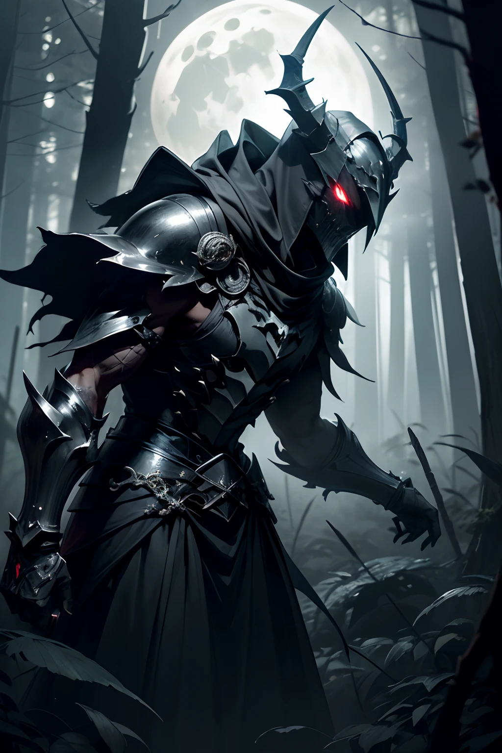 (best quality,highres,ultra-detailed),(dark,ominous,creepy) Nightmare Knight, gleaming menacingly in the moonlit darkness, stalks through a sinister, mist-filled forest. His ebony armor emits an eerie glow, reflecting the pale light of the full moon. With a polished helmet adorned with menacingly sharp horns, he commands fear and awe. His piercing, red eyes seem to penetrate the soul of anyone who dares meet his gaze. The Knight's cloak billows behind him, swaying with an otherworldly presence. 

The forest is shrouded in an eerie darkness, with twisted trees reaching out their skeletal branches, as if reaching for unsuspecting prey. The ground is covered in thick, ominous mist that obscures the path, creating an unsettling atmosphere. Shadows dance and flicker, creating an illusion of movement, as if the forest itself is alive.

The Nightmare Knight clutches a wickedly sharp, blood-stained sword in his armored hand, ready to strike down any unfortunate soul that crosses his path. The sword glimmers with an unholy energy, emanating a faint reddish glow. 

As the moonlight filters through the dense canopy, it illuminates the Knight's figure with a chilling blue hue, casting long, eerie shadows in his wake. The moon's glow highlights the intricate details of the Knight's armor, revealing intricate engravings and sinister symbols.

The Nightmare Knight's armor is adorned with ancient, tattered black feathers, reminiscent of a fallen angel. The feathers rustle with an otherworldly whisper as he moves, adding an unsettling sound to the eerie forest ambience.

The color palette of the scene is dominated by dark and muted tones, with hints of deep purples and blues to enhance the sinister atmosphere. The moonlight casts a silvery glow, adding a touch of ethereal beauty to the haunting scene.

The forest is enveloped in a soft, eerie glow, emphasizing the contrast between light and darkness. This lighting creates dramatic chiaroscuro effects, enhancing the menacing presence