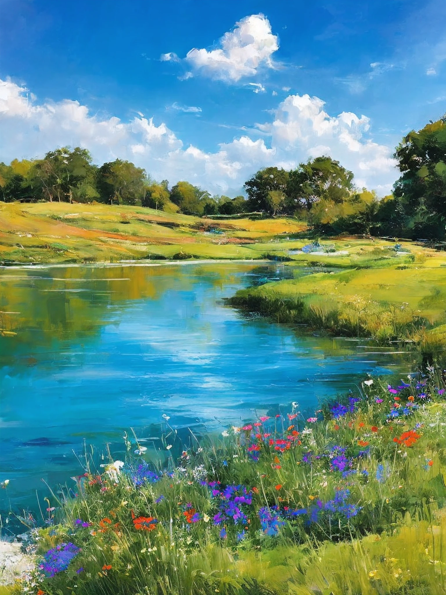 verão, campos gramados, flores, lago, paraíso, Céu azul claro, ensolarado, detalhe de alta definição, Hiper-detalhamento, Cinematic, iluminação dinâmica, foco de campo profundo, colorida