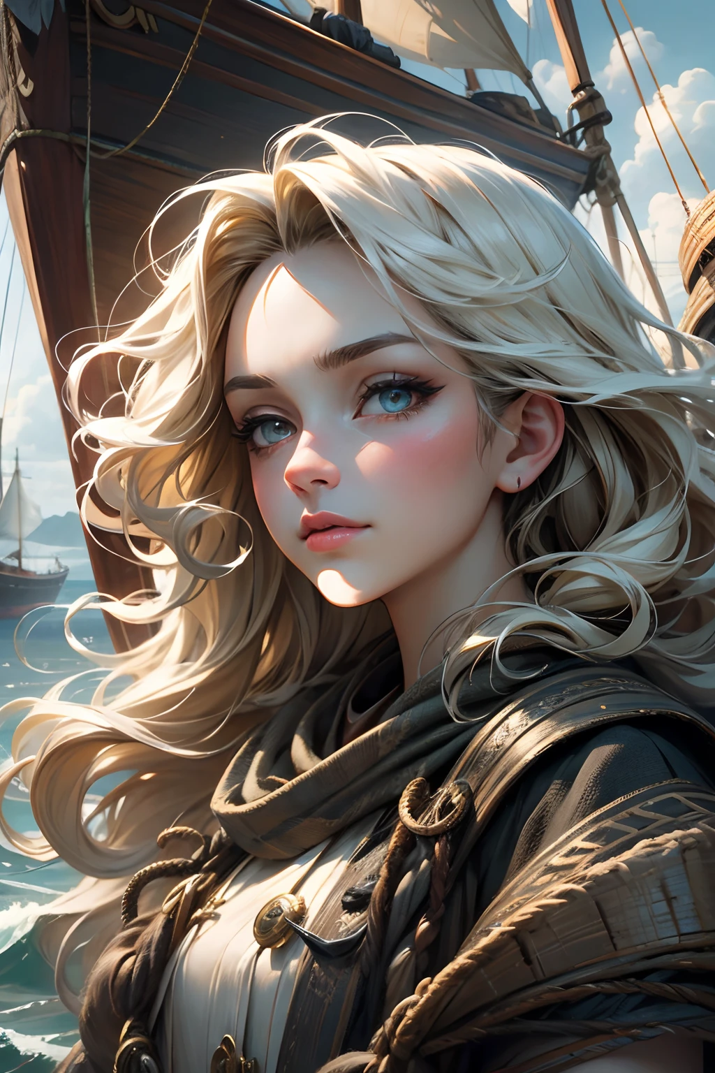 beautiful detailed eyes,beautiful detailed lips,extremely detailed eyes and face,longeyelashes,medium:oil painting,sailing ship,adventurous pose,sea breeze,bright sunlight,stormy clouds,fierce determination,strong leadership,confident expression,vivid colors,wavy hair,passionate gaze,nautical theme,exquisite brushwork,highres,portrait,classic style,sharp focus,antique map background,masterpiece:1.2