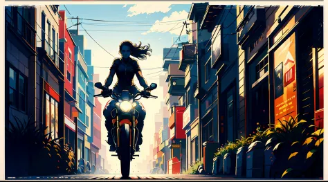 girl riding sportbike, movie poster,(by Artist Carrie Ann Baade:1.3)
