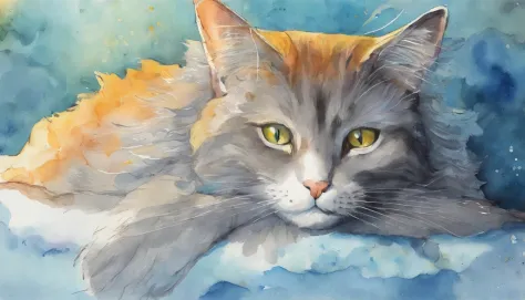 Light grey cat reluxing and sleeping happily on a blue bed 　Flooded with sunlight　Warm colors 　watercolor paitin