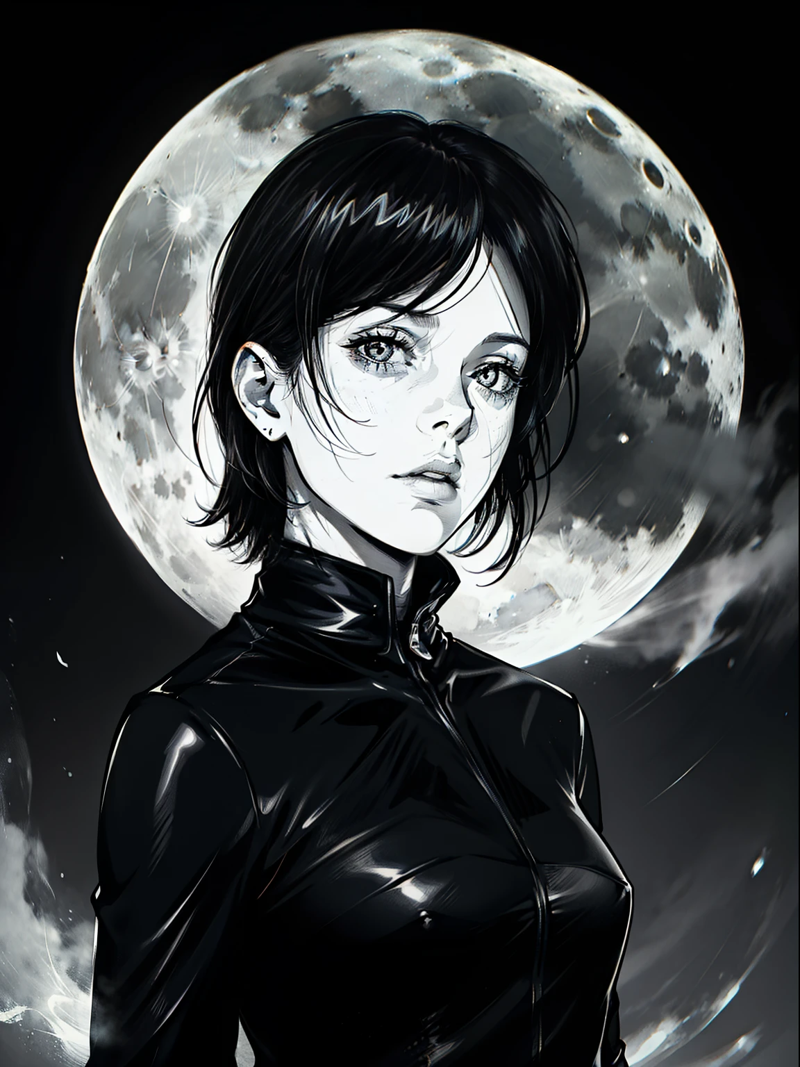 {4k image}, Kate Beckinsale (solo), 28 years old, short black hair, neutral expression, {centered image}, {face portrait}, full moon background, manga lineart (monochrome)