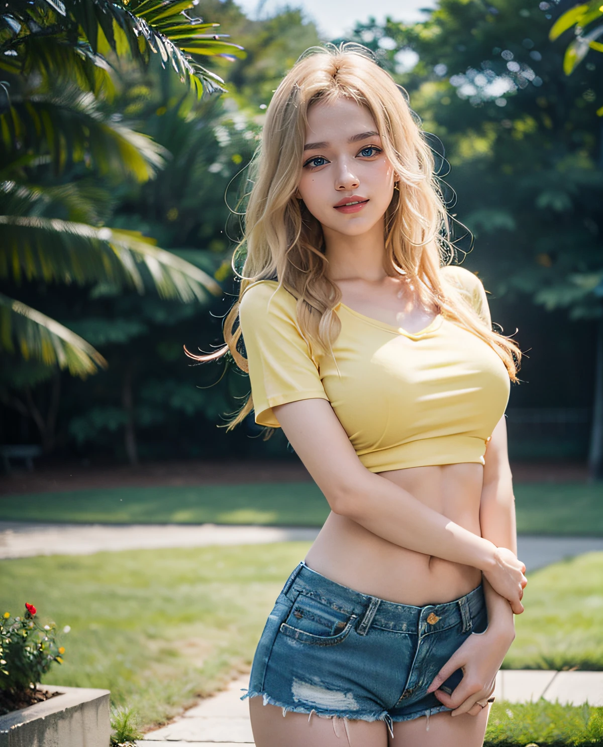 1girl, (Blue eyes), (Smile), (Sana Minatozaki), wide hips, Big , big ass, (Best Quality, 8k, Masterpiece: 1.3), perfect hands, Clear Focus: 1.2, Perfect Body Beauty: 1.4 , Slender Abs: 1.2, Highly detailed face and skin texture, detailed eyes, double eyelids, (blonde long hair :1.2), (pink t-shirt), (yellow denim shorts :1.3), standing, dynamic pose, in a park with roses in the background