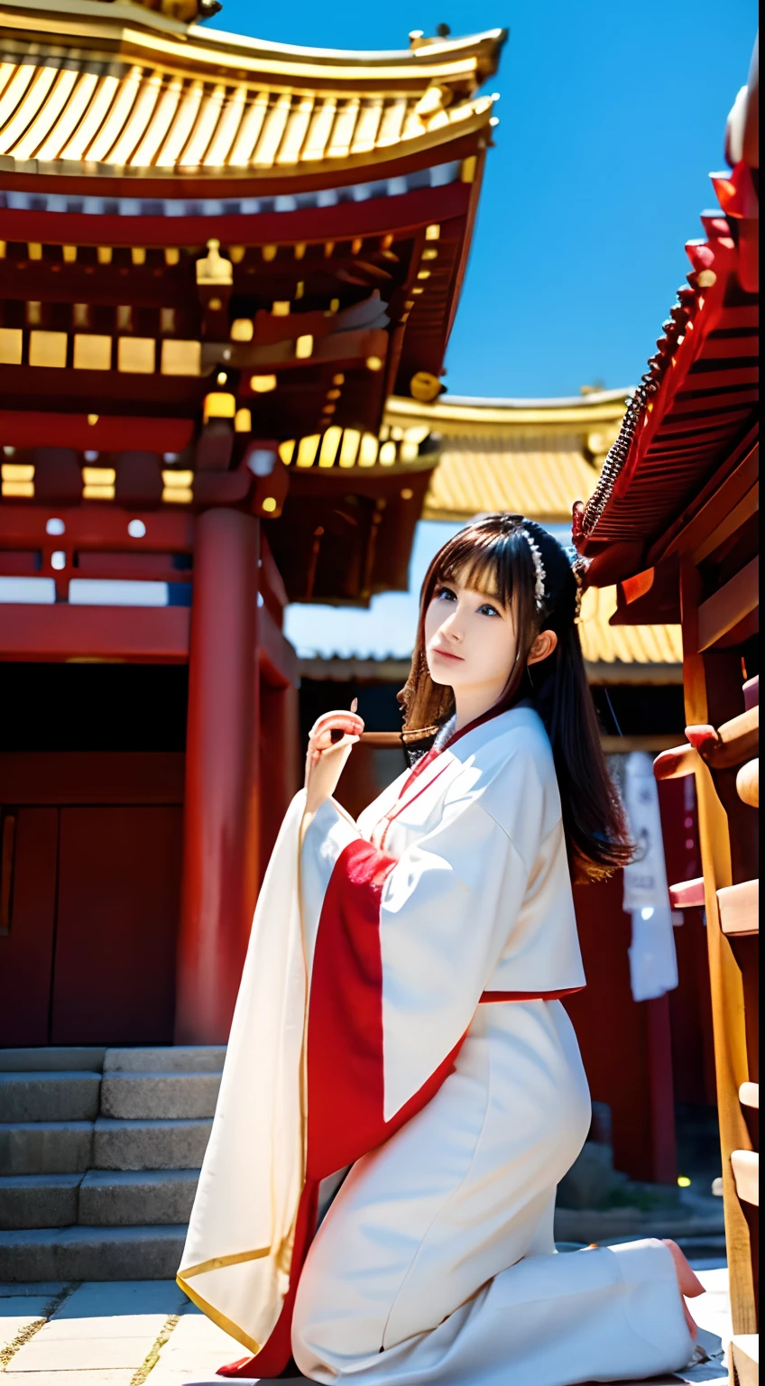 Shrine priestess,fullbody image,high resolution images,fullbody image,Best Quality, masutepiece,Gold eyes,White and red priestess figure,fullbody image,Looking Up, full bodyesbian,Strands of hair,Background torii gate in the middle of the temple grounds,fullbody image,（Beautiful face)
