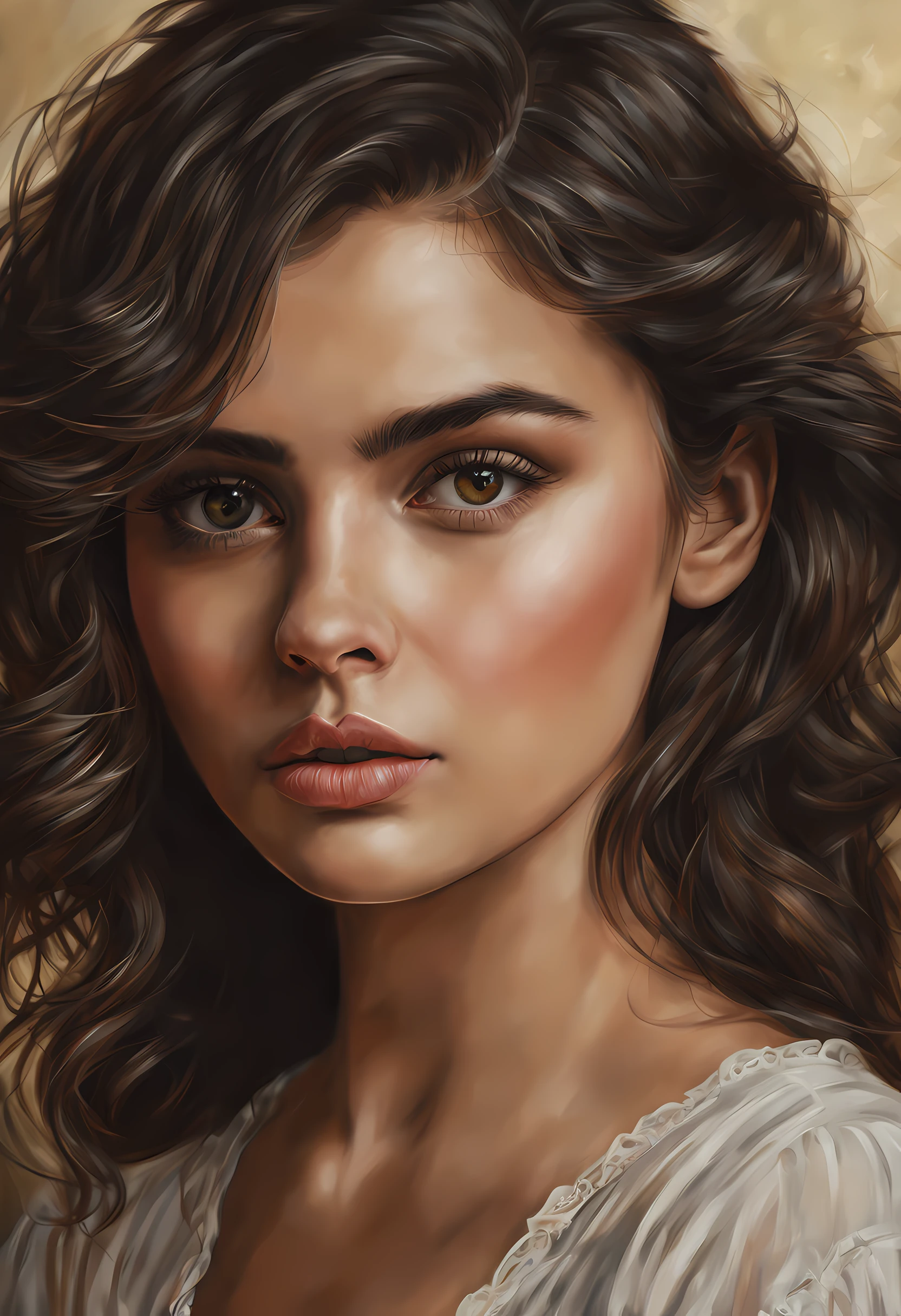 (uma menina, cabelo curto, morena), (melhor qualidade, 4k, 8k, highres, obra-prima: 1.2), ultra-detalhado, (realista, fotorrealista, foto-realista: 1.37), oil-painting, retrato, olhos detalhados, Detailed Lips