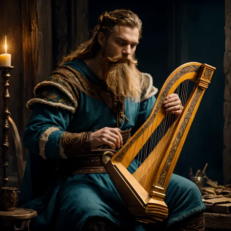 (best quality,Altas,ultra-detalhado),homem viking barbudo tocando uma pequena harpa,illustration,fantasia medieval,Atmospheric I...