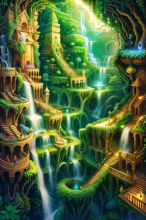 imagine the hanging gardens of babylon as a mystical realm, with floating waterfalls and glowing flora.