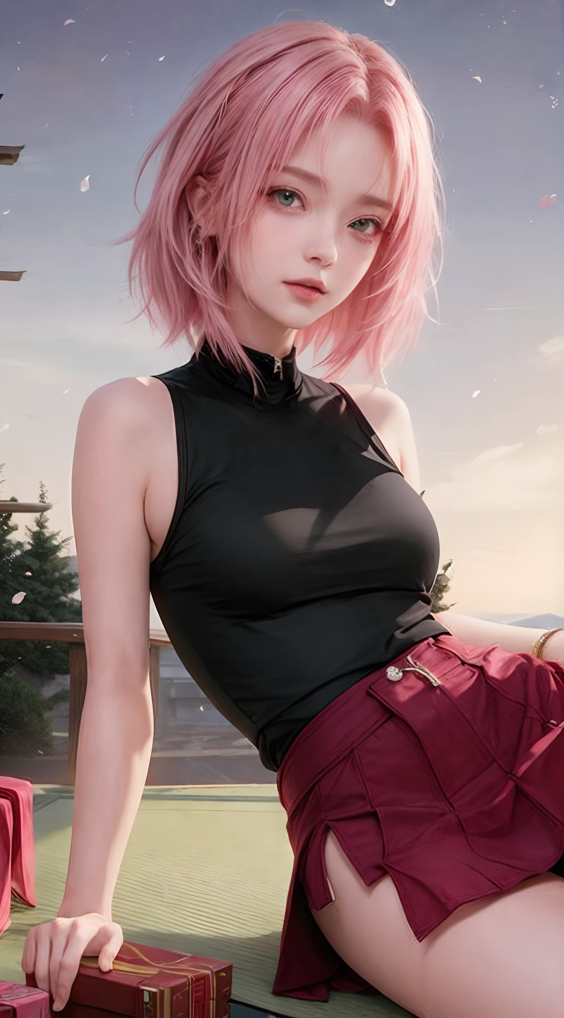 tmasterpiece， Best quality at best， 1girll， Sakura Haruno， Large breasts，Off-the-shoulder attire，（cleavage)，（upperbody closeup)，Raised sexy，is shy，ssmile，with pink hair， long whitr hair， （Green eyeballs:1.4)， Forehead protection， the cherry trees，Cherry blossoms flying，Red clothes，Zipper half ,realisticphoto ,animerealitic, realistic