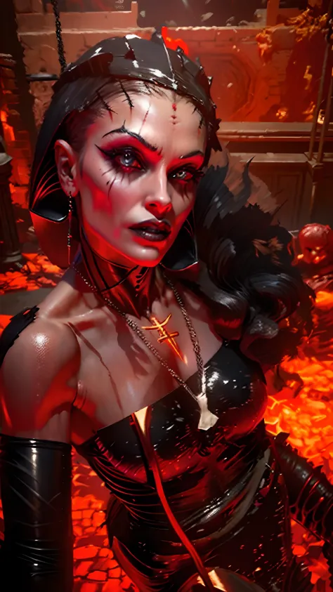 Lilith inside a church, (in Lipstick), (wearing Tight Slim Long Black Deep Shiny Metallic Latex Gown), fire, lightning, blood, w...