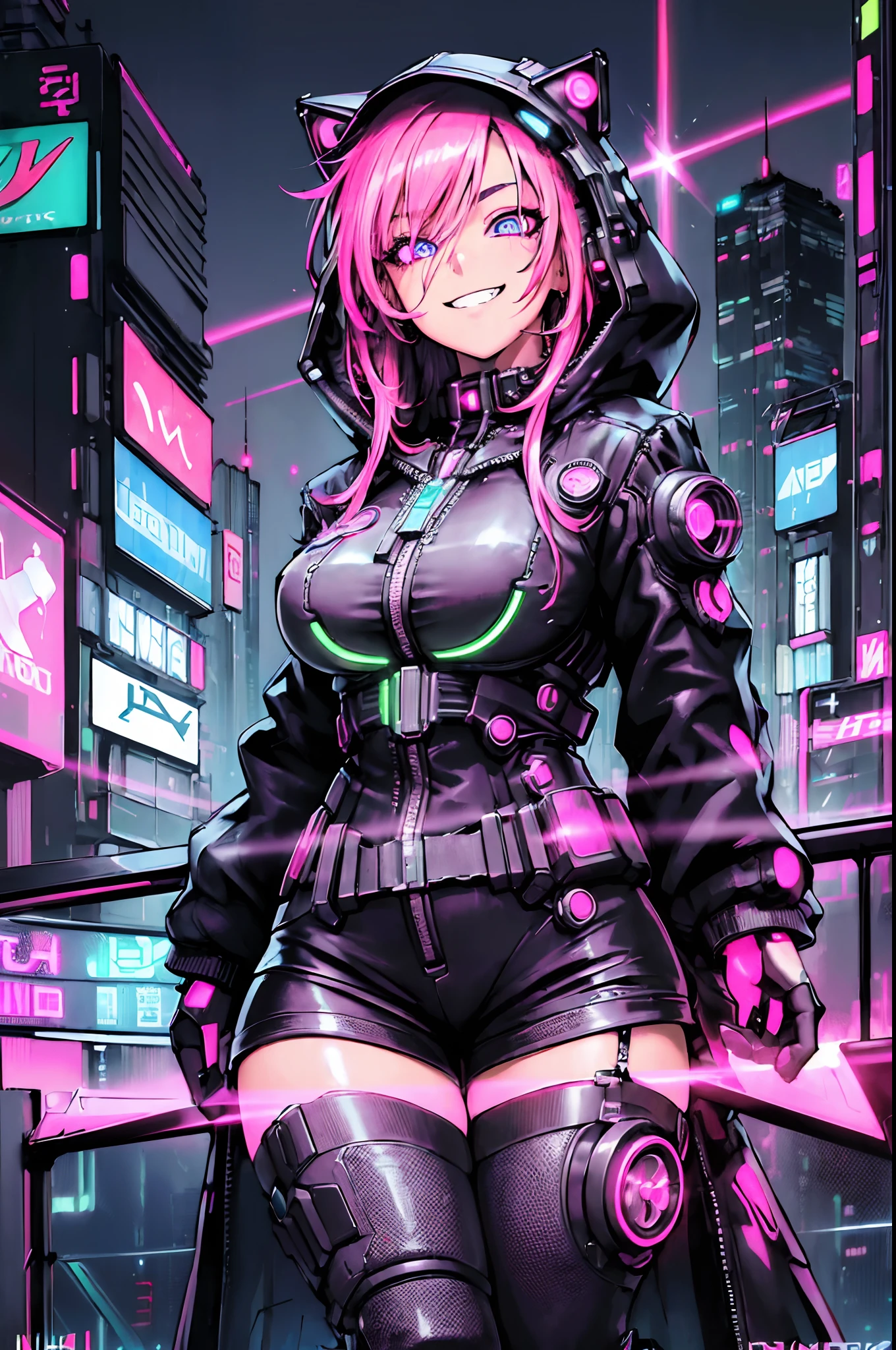 (1girl in)、(Plump beauty)、(30-years old)、(Pink twin-tailed hair)、(Top image quality)、(8K picture quality)、(cyberpunked)、(masutepiece)、 (Flickering of light)、(Wear a cyberpunk hooded military uniform)、（Cat's ears）、(confident grin:1.2)、(Full body photo)、cinematric light, Cinema Shadow, Sharp Image, Extremely detailed, Volumetric, Bright sprites, particles effect, beautiful effects, Vivid colors, neons, (Neon light:1.5), Highly detailed image textures, detailed hairs, Detailed face, Detailed eyes, Full body photo, city、Dark hair、Eyes glow、Photo from the knee up、beautiful effects, Vivid colors, Highly detailed image textures, detailed hairs, Detailed eyes,(Cyberpunk cityscape at night:1.5)、