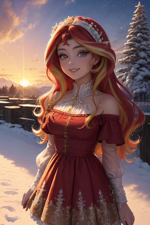 (Obra maestra, La mejor calidad:1.2), solamente, 1girl, mlpshimmer, linda sonrisa , maquillaje lindo, Mirando al espectador , Disfraz de Navidad, hermoso vestido rojo ,  abrigo elegante , parque nevado , hermoso atardecer