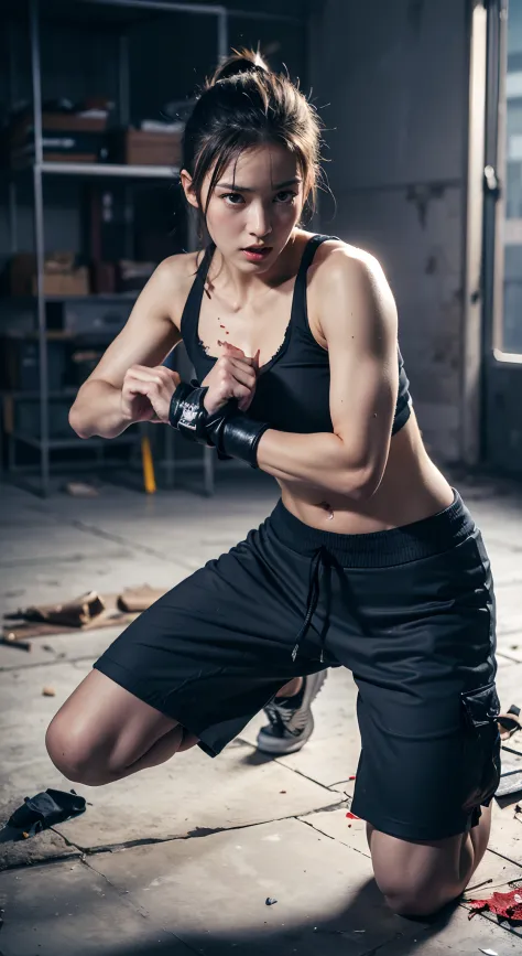 Best Quality,4K,8K,hight resolution,masuter piece:1.2,,Physically-based rendering,Female Fighter、Realistic skin texture、After the battle、musculature、abandoned factory、martial art、bloody skin、Adidas Clothing、kick 、ripped clothing