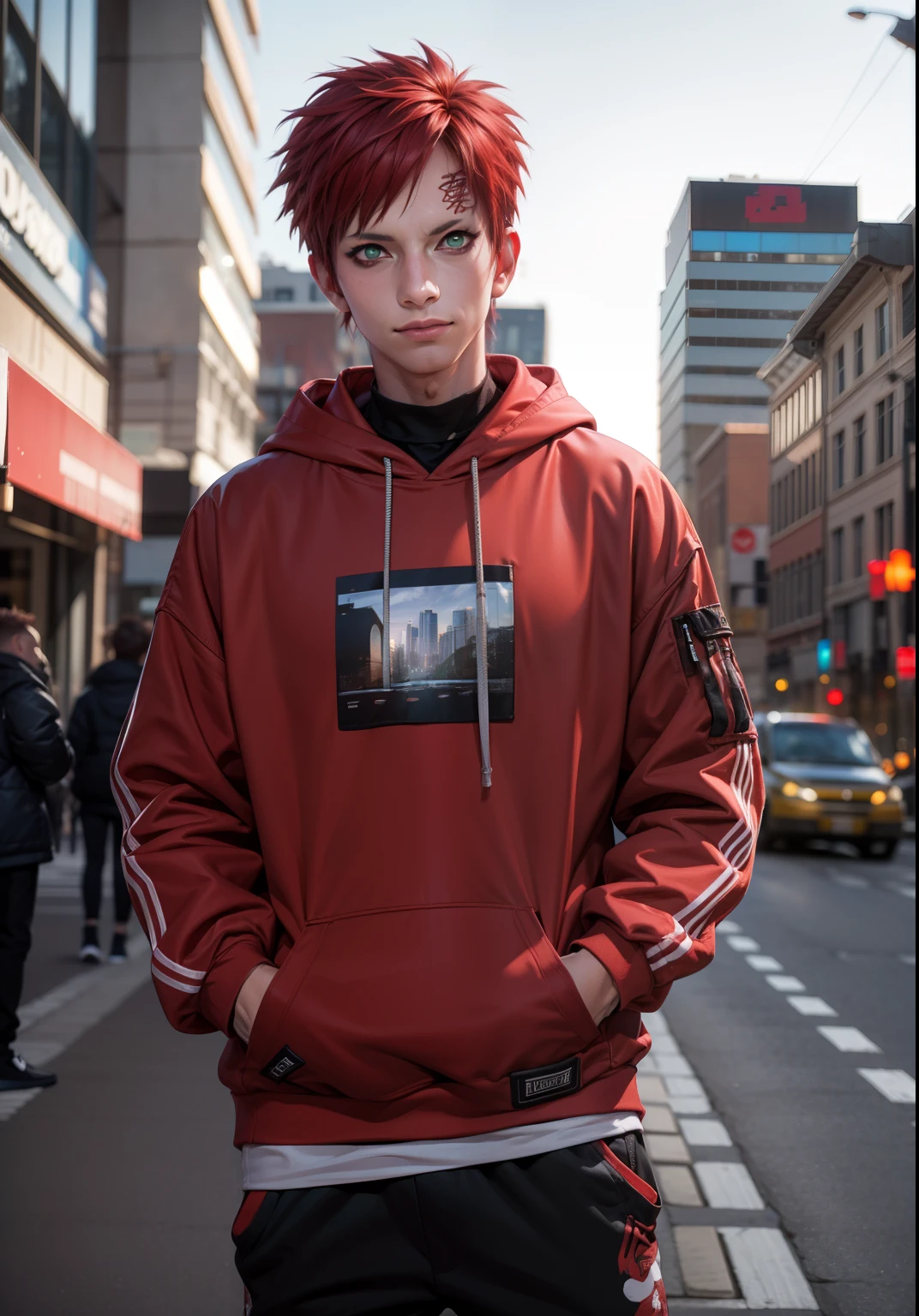 Meisterwerk, ultra-detailliert, 1 Junge, männlicher Fokus, Oberkörperaufnahme, Gaara trägt einen Streetwear-Hoodie, Rote Haare, Betrachter ansehen, glückliches Gesicht, Hände in den Taschen, leuchtende Farben, Stadtbildhintergrund, dynamische Beleuchtung, sehr detailliertes Gesicht, stilvoll, urbaner Stil, coole Einstellung, bokeh, unscharfer Hintergrund,