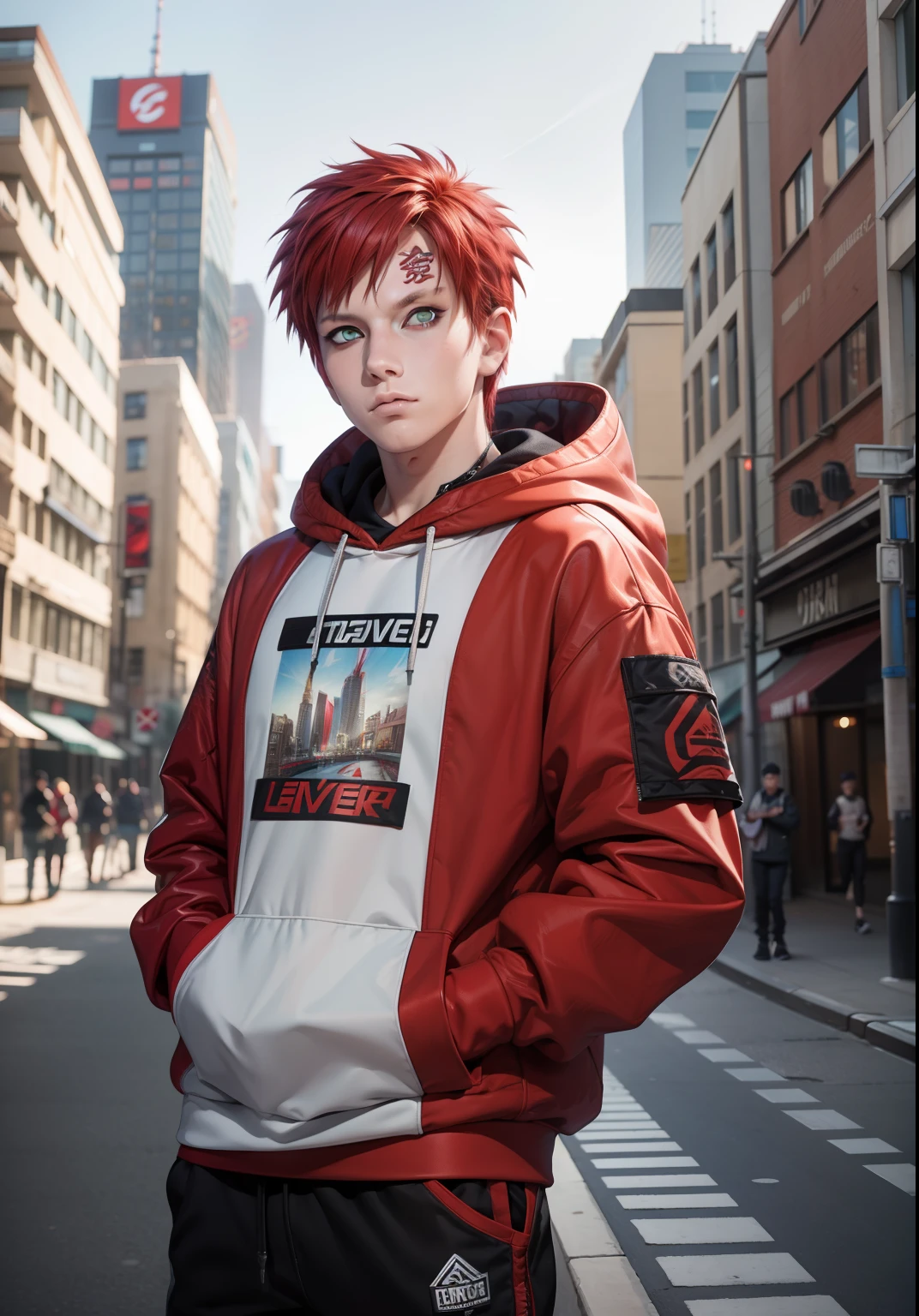 masterpiece, ultra-detailed, 1boy, male focus, upper body shot, Gaara wearing Streetwear Hoodie, red hair, look at viewer, happy face, Hands in pockets, vibrant colors, cityscape background, dinamic lighting, highly detailed face, stylish, urban style, cool attitude, bokeh, blurry background,