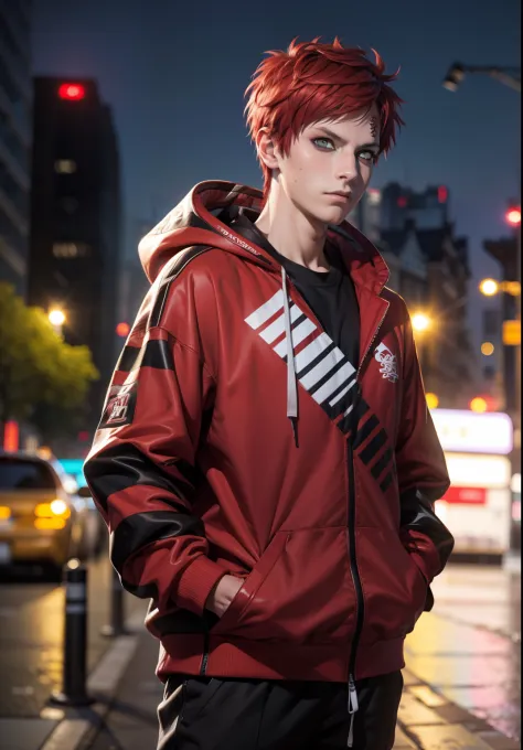 masterpiece, ultra-detailed, 1boy, male focus, upper body shot, Gaara wearing Streetwear Hoodie, red hair, look at viewer, happy...