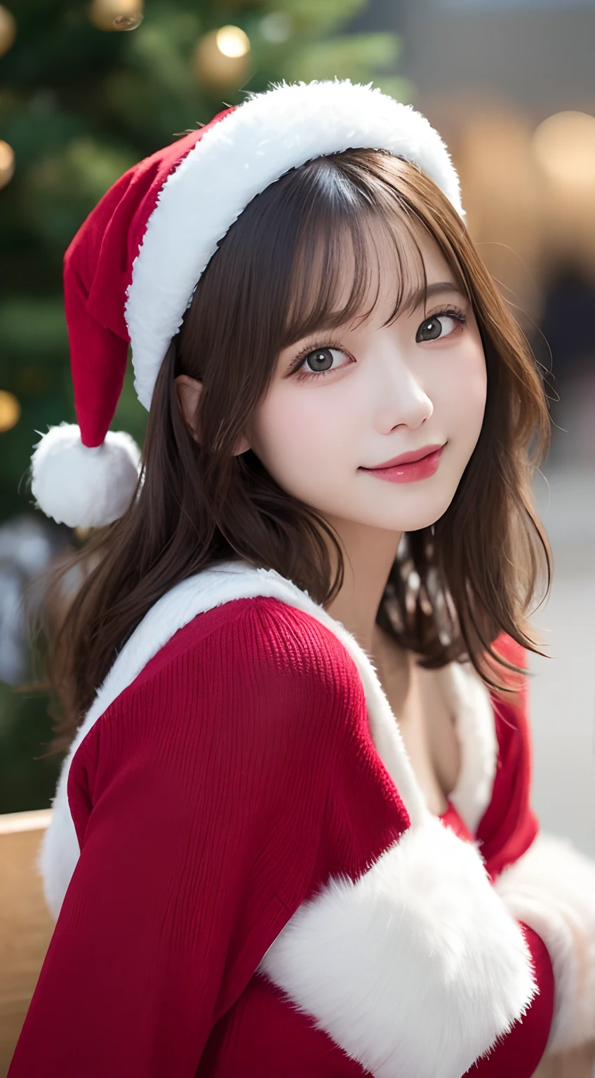 masutepiece, Best Quality, Illustration, Ultra-detailed, finely detail, hight resolution, 8K Wallpaper, Perfect dynamic composition, Beautiful detailed eyes, Long sleeve knit with shoulder extension,Bob Hair, mid-chest, Natural Color Lip, Random and sexy poses,Smile,20 years girl,　Xmas Tree,Xmas Party,Santa Claus Costume:1.2,