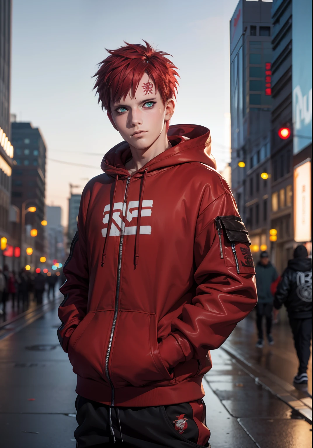 masterpiece, ultra-detailed, 1boy, male focus, upper body shot, Gaara wearing Streetwear Hoodie, red hair, look at viewer, happy face, Hands in pockets, vibrant colors, cityscape background, dinamic lighting, highly detailed face, stylish, urban style, cool attitude, bokeh, blurry background,