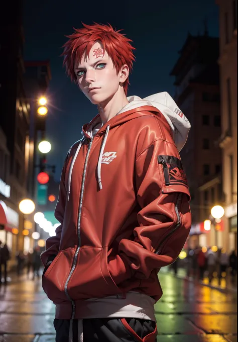 masterpiece, ultra-detailed, 1boy, male focus, upper body shot, Gaara wearing Streetwear Hoodie, red hair, look at viewer, happy...