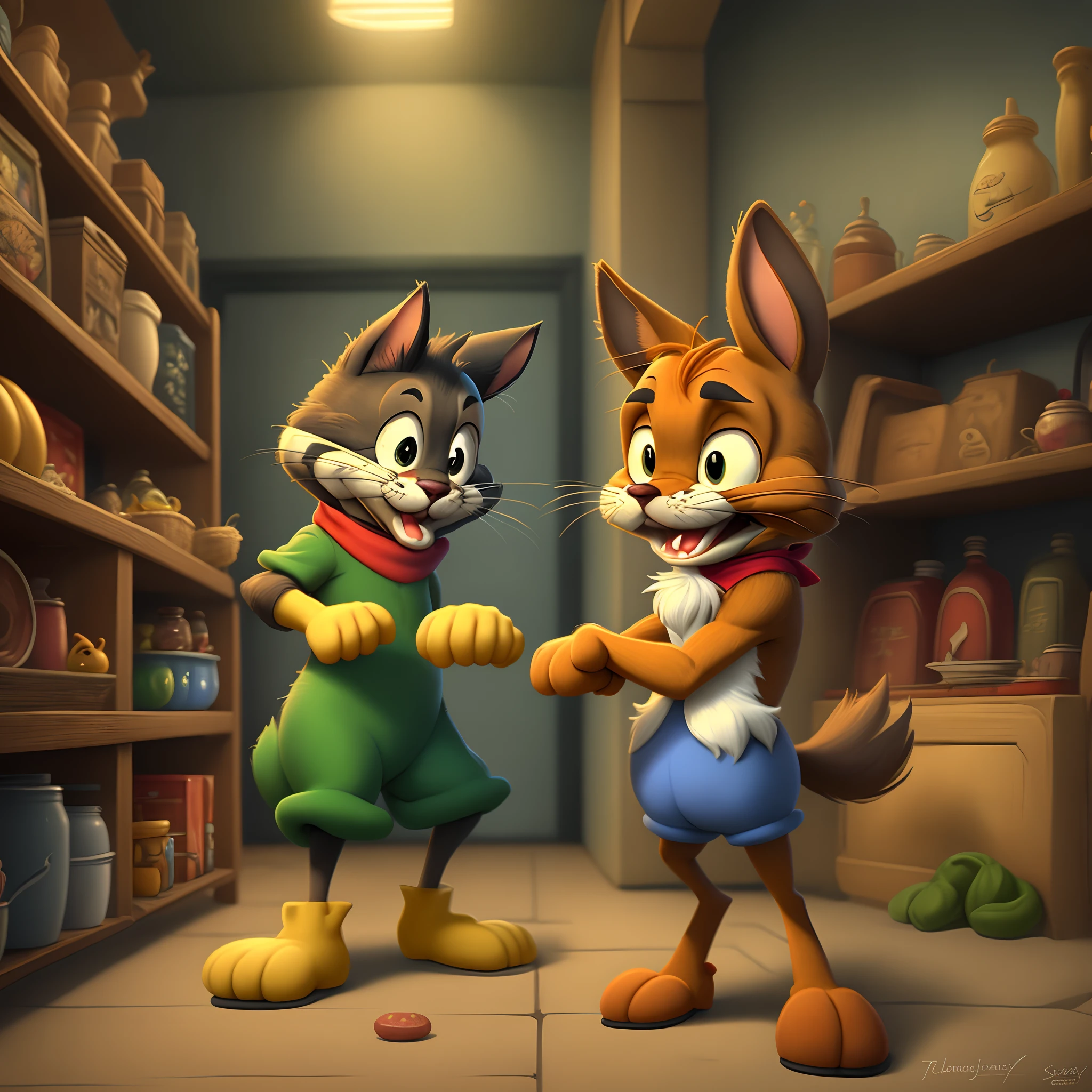 Cartoon cat and dog in a store with shelves full of food - SeaArt AI