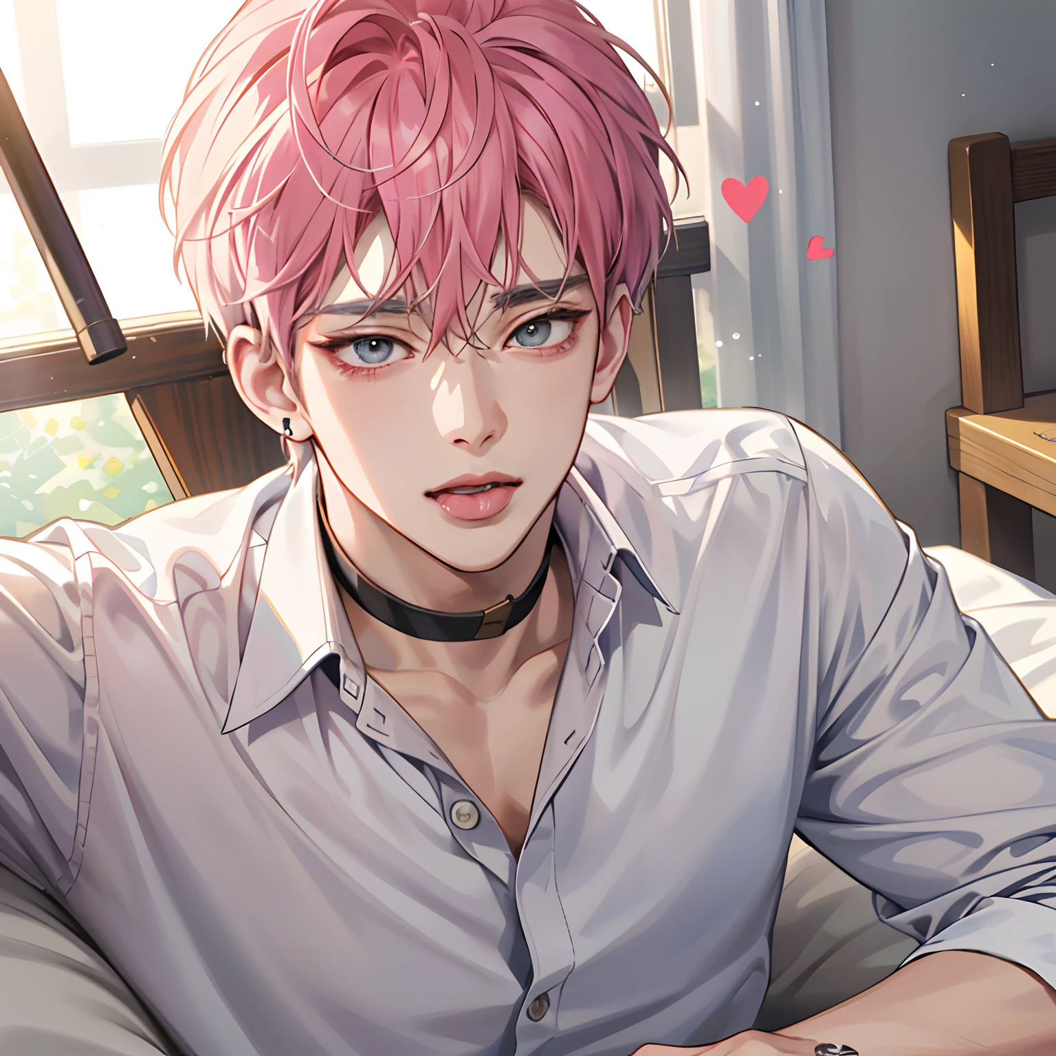 Anime guy with pink hair and blue eyes sitting on a bed - SeaArt AI