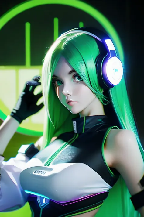 girl with long green hair, green eyes, futuristic vibes, mask on mouth, headphones, 8k, high quality, simple background, glowing...