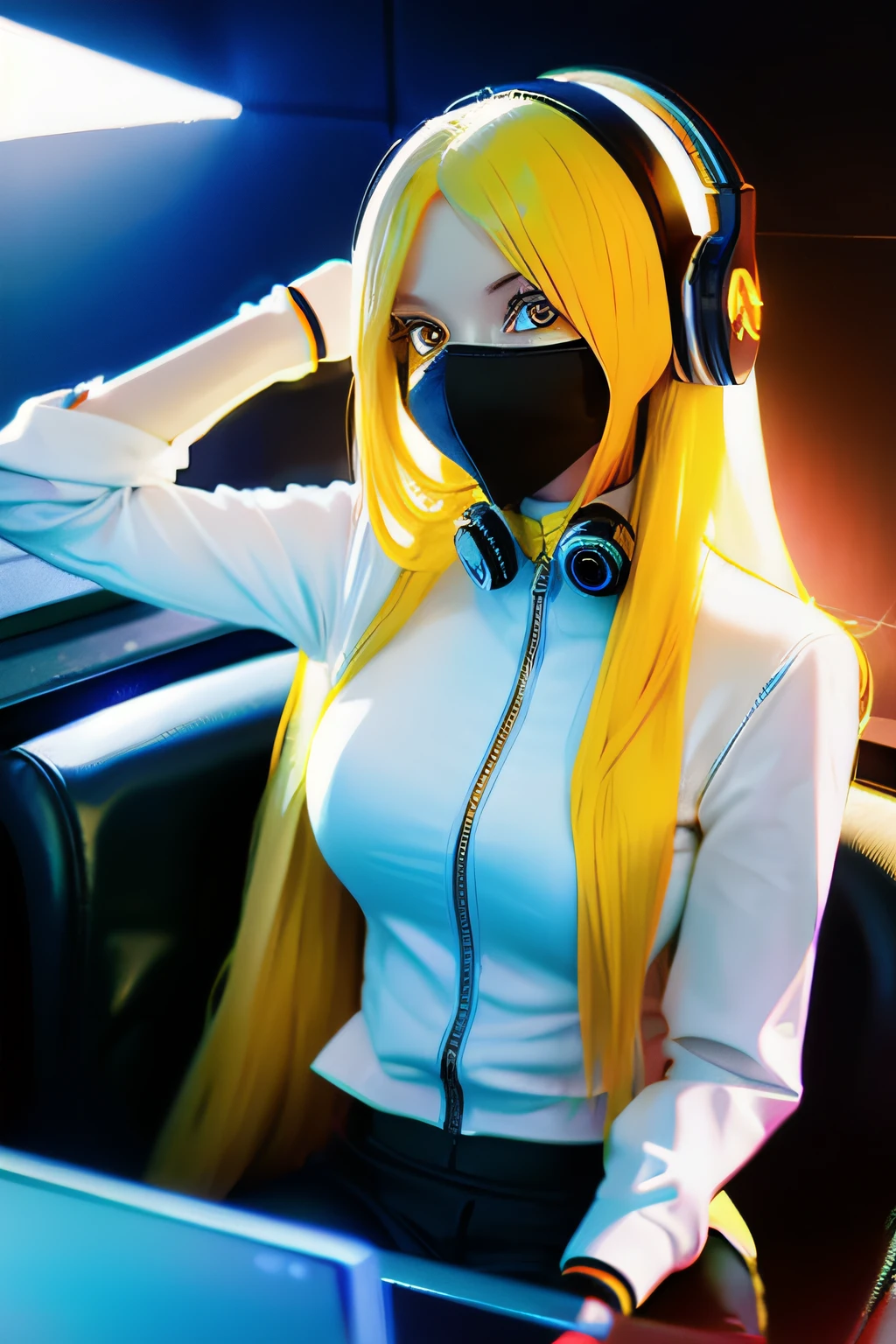 girl with long yellow hair, yellow eyes, futuristic vibes, mask on mouth, headphones, 8k, high quality, simple background, glowing eyes, nice pose