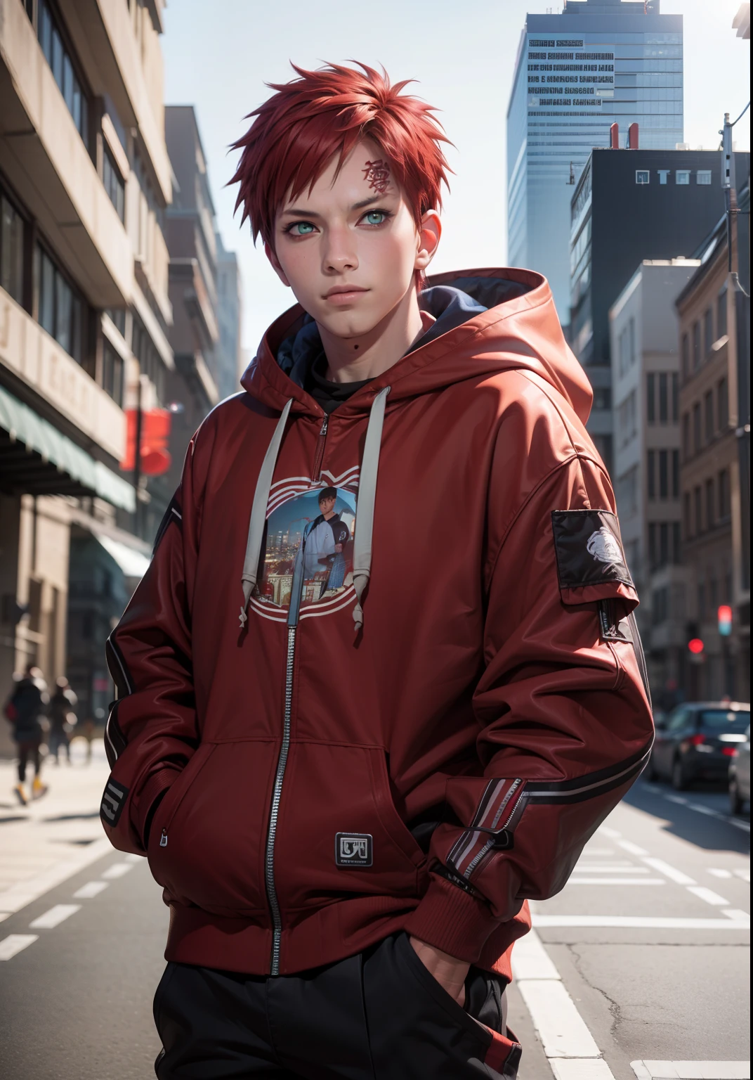 masterpiece, ultra-detailed, 1boy, male focus, upper body shot, Gaara wearing Streetwear Hoodie, red hair, look at viewer, happy face, Hands in pockets, vibrant colors, cityscape background, dinamic lighting, highly detailed face, stylish, urban style, cool attitude, bokeh, blurry background,