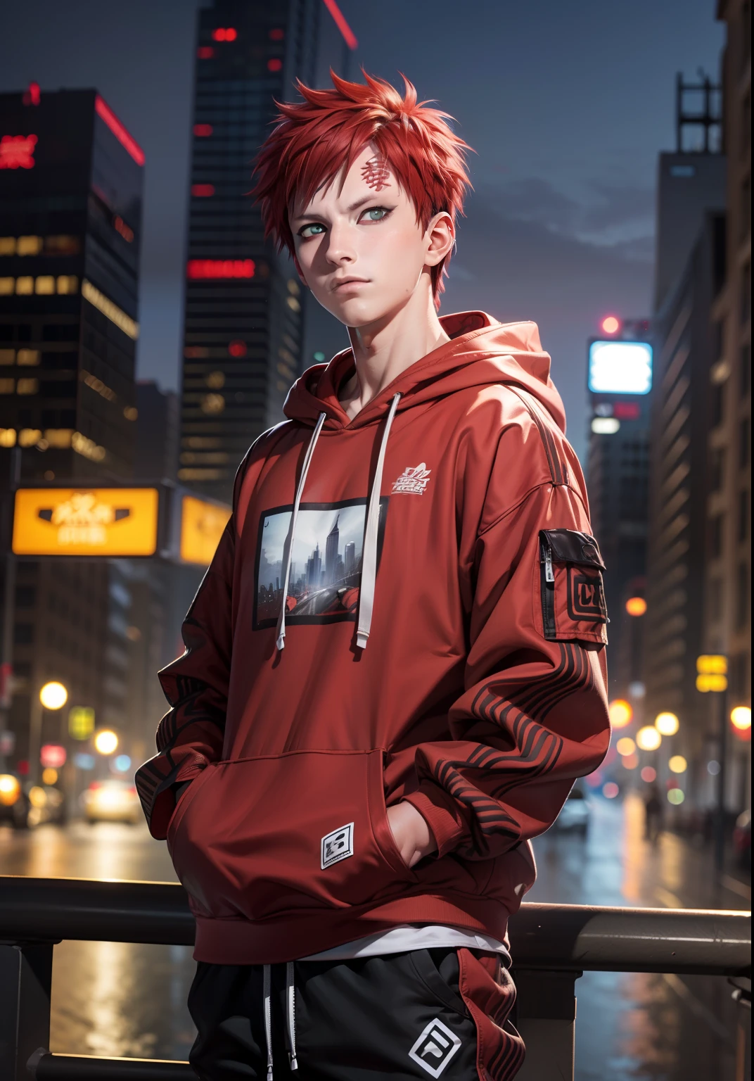 masterpiece, ultra-detailed, 1boy, male focus, upper body shot, Gaara wearing Streetwear Hoodie, red hair, look at viewer, happy face, Hands in pockets, vibrant colors, cityscape background, dinamic lighting, highly detailed face, stylish, urban style, cool attitude, bokeh, blurry background,